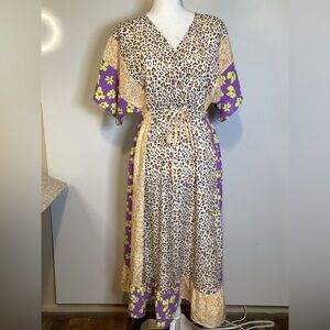 Oddy Boho Patchwork Leopard Floral Print Kimono Dress